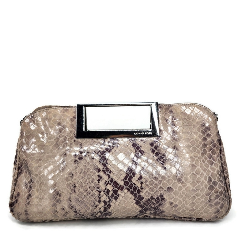 Michael Kors Berkley Pearl Grey & Cream Python Leather Clutch Or Shoulder Bag - Picture 2 of 16